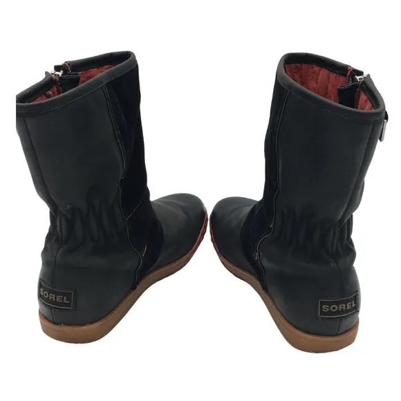Sorel Firenzy Winter Black &amp; Red Leather Ankle Booties Boots retro Y2K size 7.5