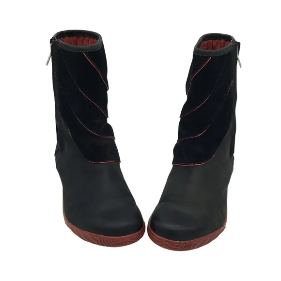 Sorel Firenzy Winter Black &amp; Red Leather Ankle Booties Boots retro Y2K size 7.5