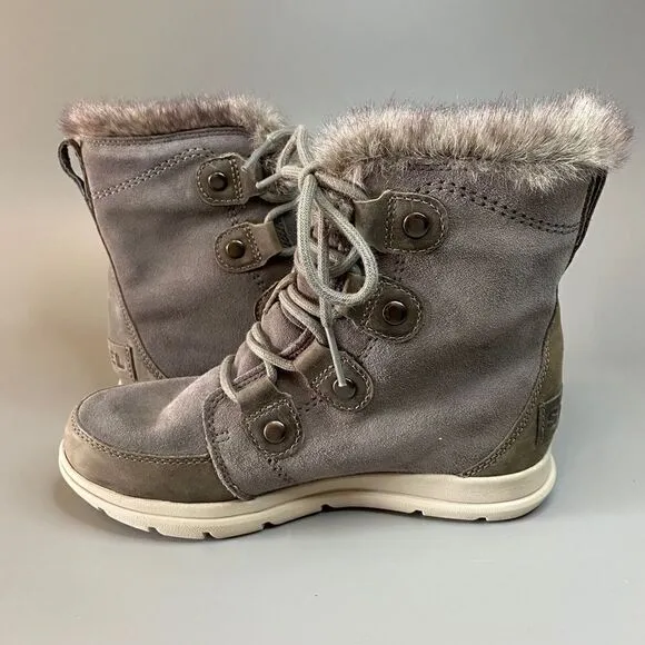 Sorel Joan Explorer Winter Snow Boots Quarry Grey Suede Faux Fur