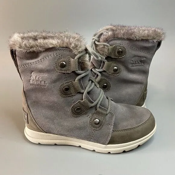 Sorel Joan Explorer Winter Snow Boots Quarry Grey Suede Faux Fur