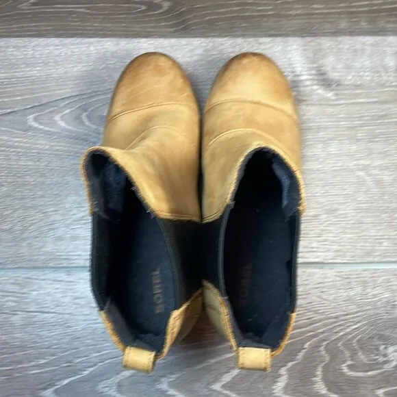 Sorel Lea Wedge Tan Camel Leather Women’s Sz 7.5 Pull On Hidden Wedge Ankle Boot