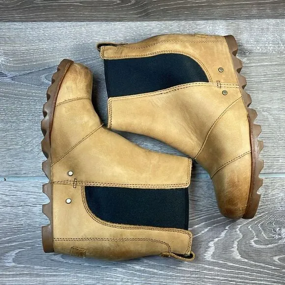 Sorel Lea Wedge Tan Camel Leather Women’s Sz 7.5 Pull On Hidden Wedge Ankle Boot