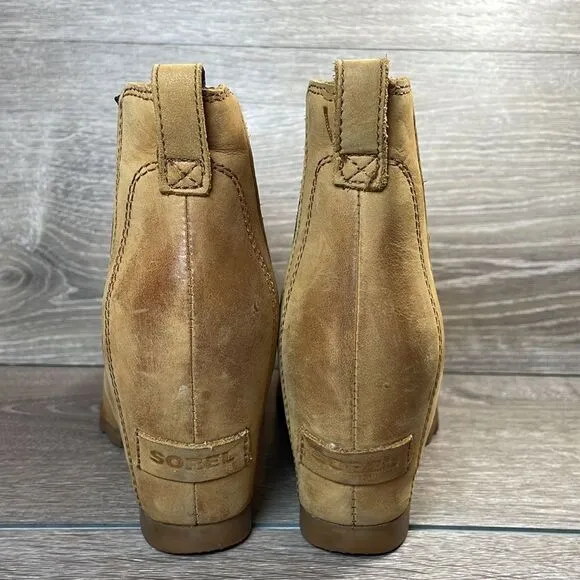 Sorel Lea Wedge Tan Camel Leather Women’s Sz 7.5 Pull On Hidden Wedge Ankle Boot