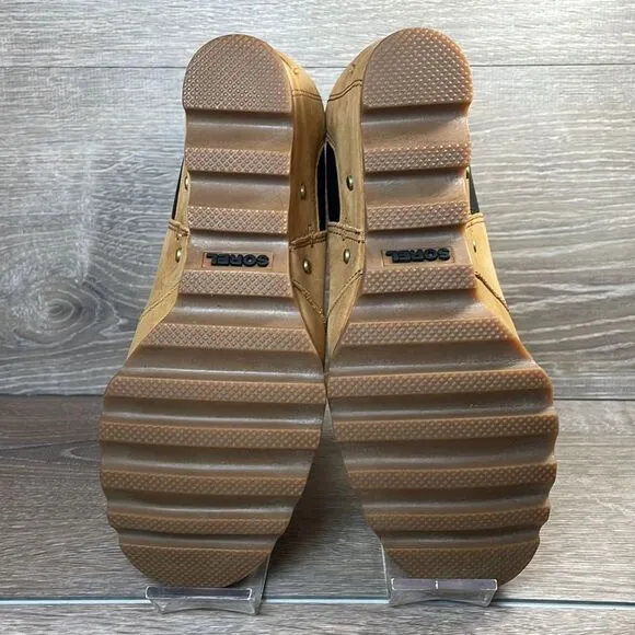 Sorel Lea Wedge Tan Camel Leather Women’s Sz 7.5 Pull On Hidden Wedge Ankle Boot