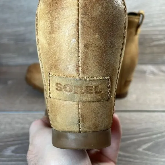 Sorel Lea Wedge Tan Camel Leather Women’s Sz 7.5 Pull On Hidden Wedge Ankle Boot