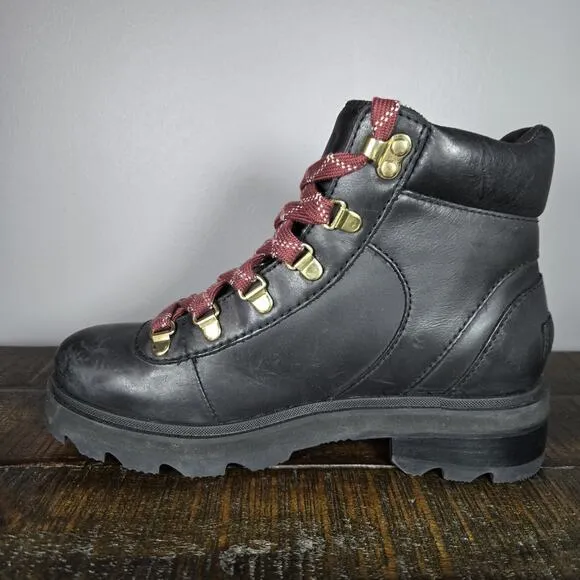 Sorel Lennox Hiker Womens Size 6.5 Lace Up Waterproof Ankle Boots Leather Black