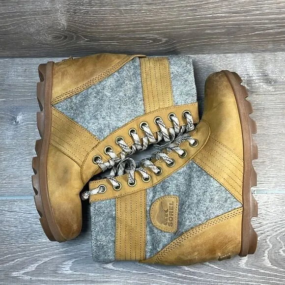 Sorel Lexie Wedge Tan Leather Gray Felt Women’s Sz 10 Lace Up Hidden Wedge Boots