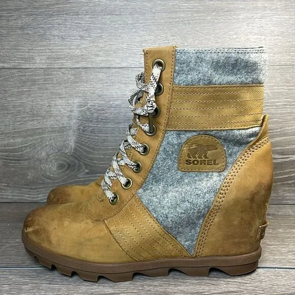 Sorel Lexie Wedge Tan Leather Gray Felt Women’s Sz 10 Lace Up Hidden Wedge Boots