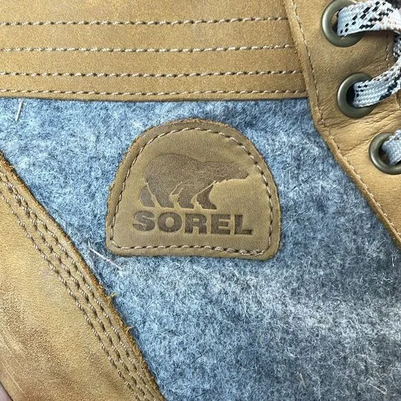 Sorel Lexie Wedge Tan Leather Gray Felt Women’s Sz 10 Lace Up Hidden Wedge Boots