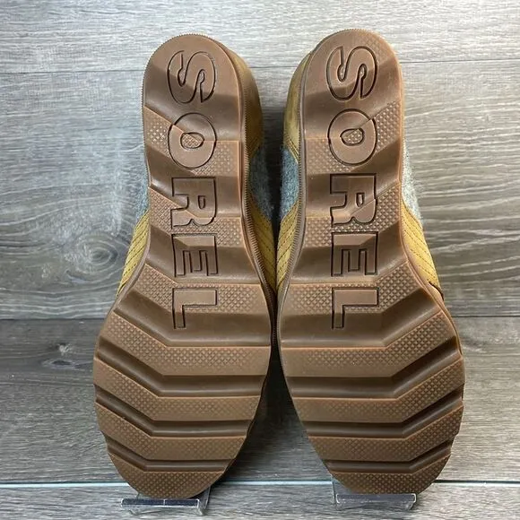 Sorel Lexie Wedge Tan Leather Gray Felt Women’s Sz 10 Lace Up Hidden Wedge Boots