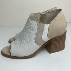 Sorel Nadia Ankle Bootie White &amp; Tan Peep-Toe Block Heel Shoes  8