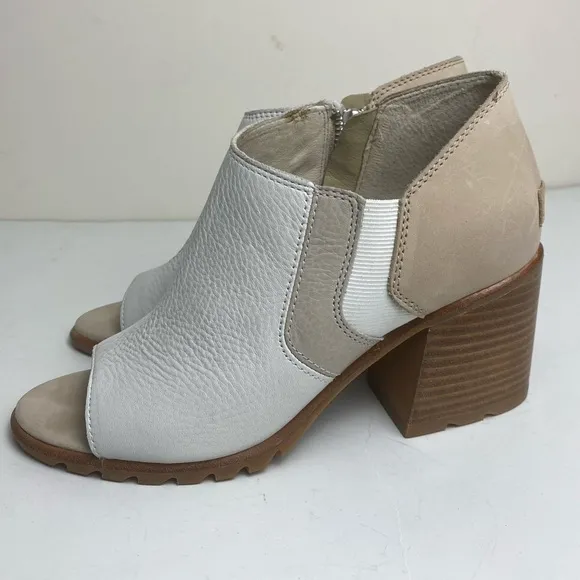 Sorel Nadia Ankle Bootie White &amp; Tan Peep-Toe Block Heel Shoes  8