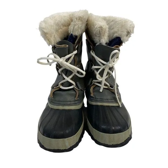 Sorel Unisex Gray Black Waterproof Faux Fur Lined Winter Snow Boots Size 3 Wool