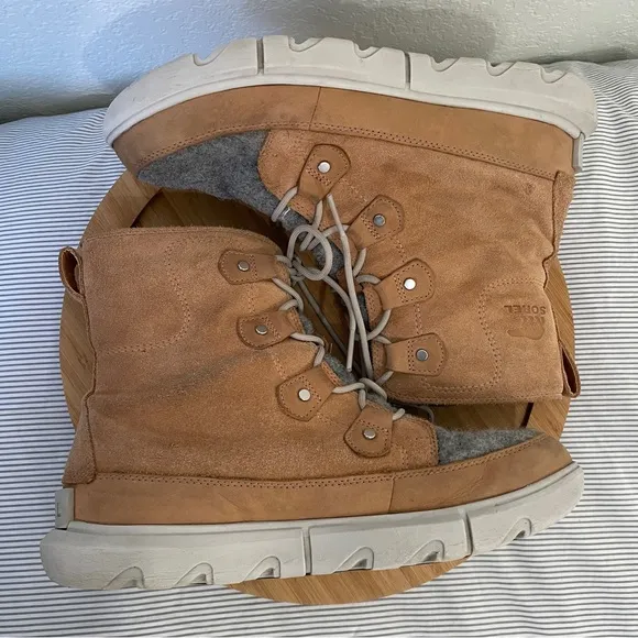 SOREL Wmns 11 Explorer II Joan Felt Waterproof Boots Tan &amp; Gray Lace Up