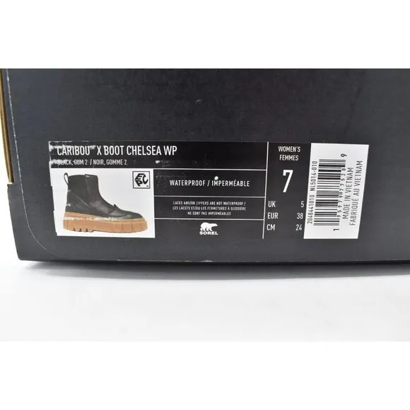 Sorel Women Size 7 Caribou X Black Leather Gum Waterproof Platform Chelsea Boots
