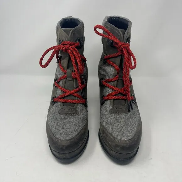 Sorel women's Blake Platform Booties 9 grey red laces waterproof leather