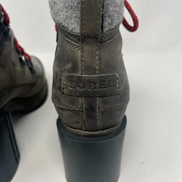 Sorel women's Blake Platform Booties 9 grey red laces waterproof leather