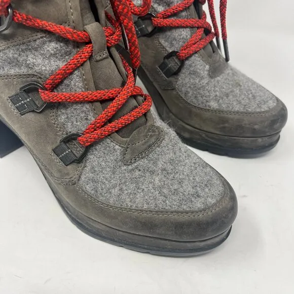 Sorel women's Blake Platform Booties 9 grey red laces waterproof leather