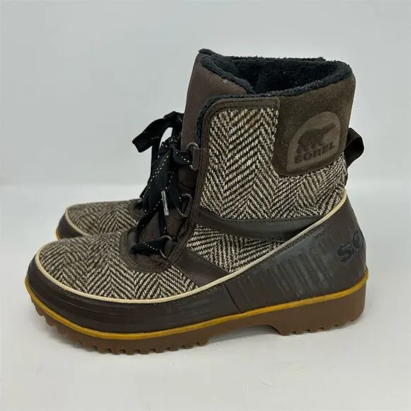 Sorel Women's Brown Tweed Herringbone Fleece Lined Lace Up Snow Boots Size 11