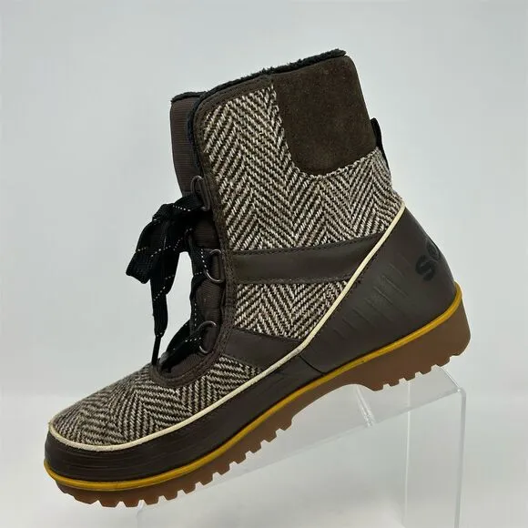 Sorel Women's Brown Tweed Herringbone Fleece Lined Lace Up Snow Boots Size 11
