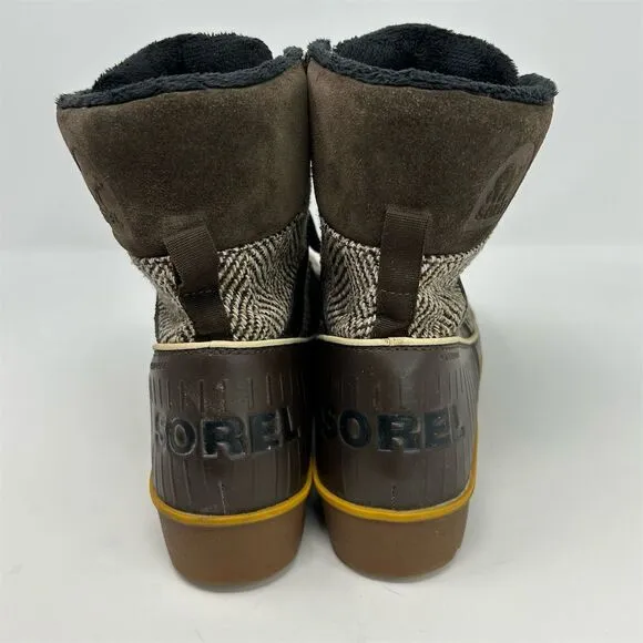 Sorel Women's Brown Tweed Herringbone Fleece Lined Lace Up Snow Boots Size 11