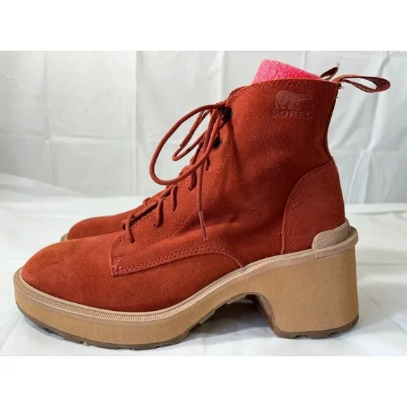 Sorel Women's Hi-Line Suede Heel Lace Boot Warp Red/Tawny Buff Size 9