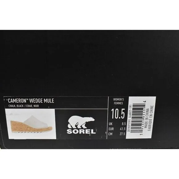 Sorel Womens Size 10.5 Cameron Wedge Chalk Black Slip On Mule Sandals Shoes