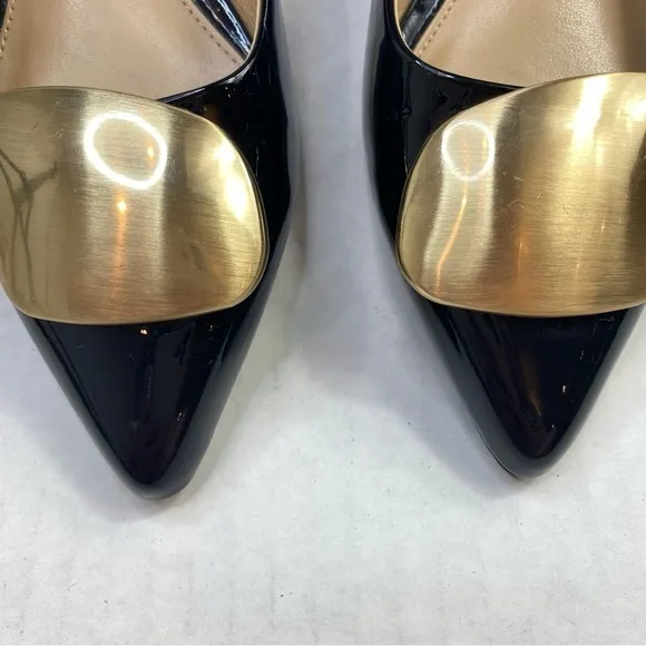 Stella Luna Black Pointed Toe Womens Shoes Block Low Heel Sz 37 Gold Metallic.
