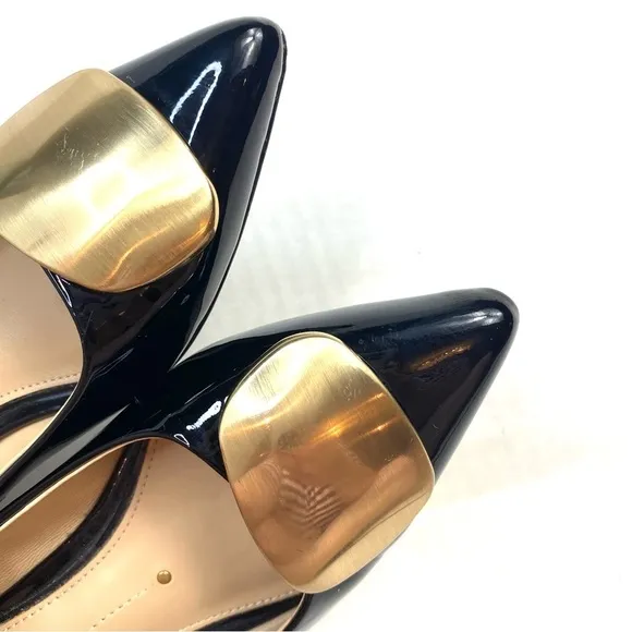 Stella Luna Black Pointed Toe Womens Shoes Block Low Heel Sz 37 Gold Metallic.