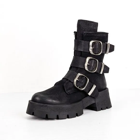 Steve Madden Women Roland Black Leather Festival Moto Zip Boots sz 7.5