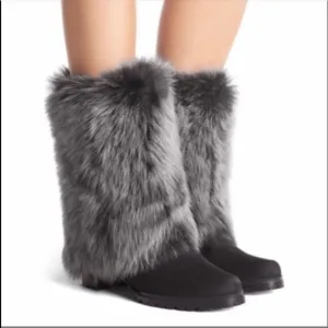 Stuart Weitzman Blizzard Boots Gralon Gray Mink Fur Suede Outdoor Winter Snow 6