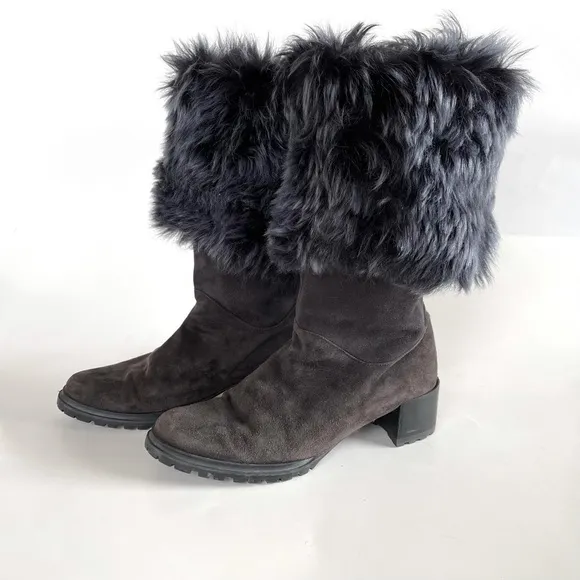 Stuart Weitzman Blizzard Boots Gralon Gray Mink Fur Suede Outdoor Winter Snow 6