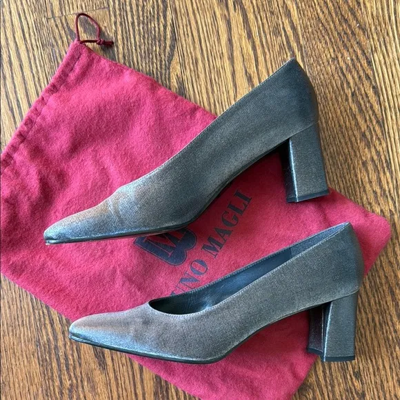 Stuart Weitzman Silver Women's 7.5 Square Toe Block Heel Shoes