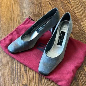 Stuart Weitzman Silver Women's 7.5 Square Toe Block Heel Shoes