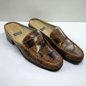 Stuart Weitzman Womens Crocodile Patent Leather Block Heel Mule Shoes Brown