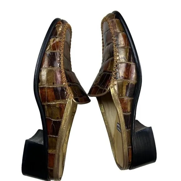 Stuart Weitzman Womens Crocodile Patent Leather Block Heel Mule Shoes Brown