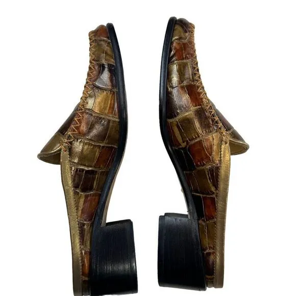 Stuart Weitzman Womens Crocodile Patent Leather Block Heel Mule Shoes Brown