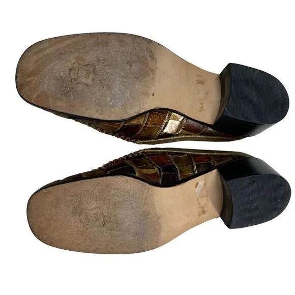 Stuart Weitzman Womens Crocodile Patent Leather Block Heel Mule Shoes Brown