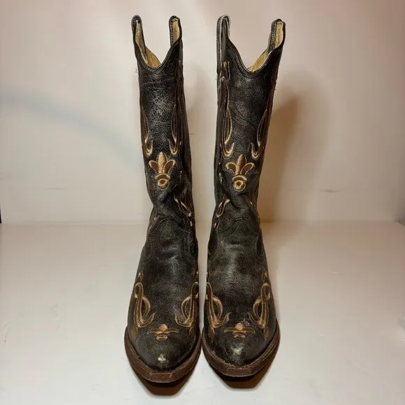Tanner Mark Women’s Cowboy Boots Fleur-De-Lis Embroidered Crackle Sz 8 Made USA