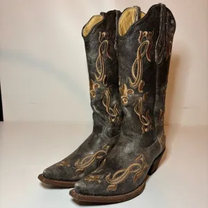 Tanner Mark Women’s Cowboy Boots Fleur-De-Lis Embroidered Crackle Sz 8 Made USA