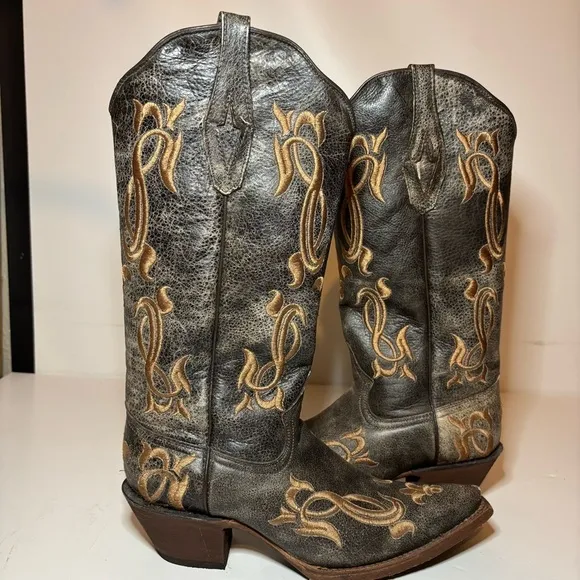Tanner Mark Women’s Cowboy Boots Fleur-De-Lis Embroidered Crackle Sz 8 Made USA