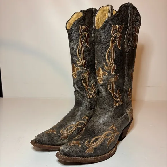 Tanner Mark Women’s Cowboy Boots Fleur-De-Lis Embroidered Crackle Sz 8 Made USA
