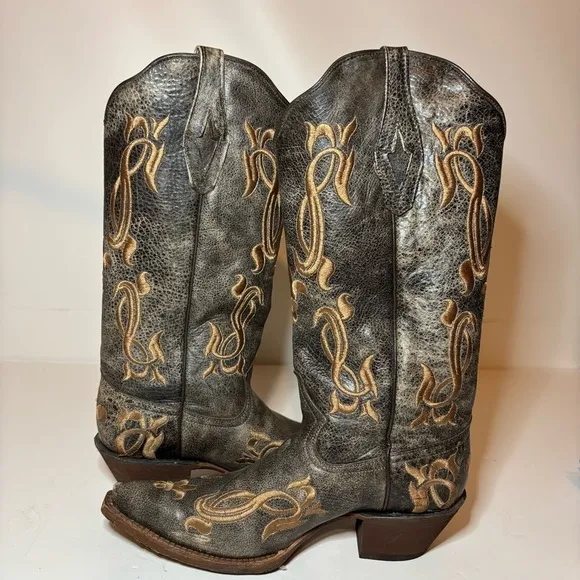 Tanner Mark Women’s Cowboy Boots Fleur-De-Lis Embroidered Crackle Sz 8 Made USA