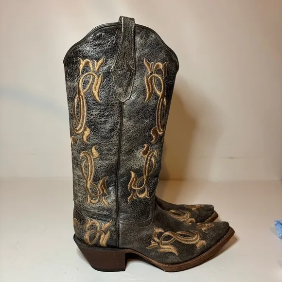 Tanner Mark Women’s Cowboy Boots Fleur-De-Lis Embroidered Crackle Sz 8 Made USA