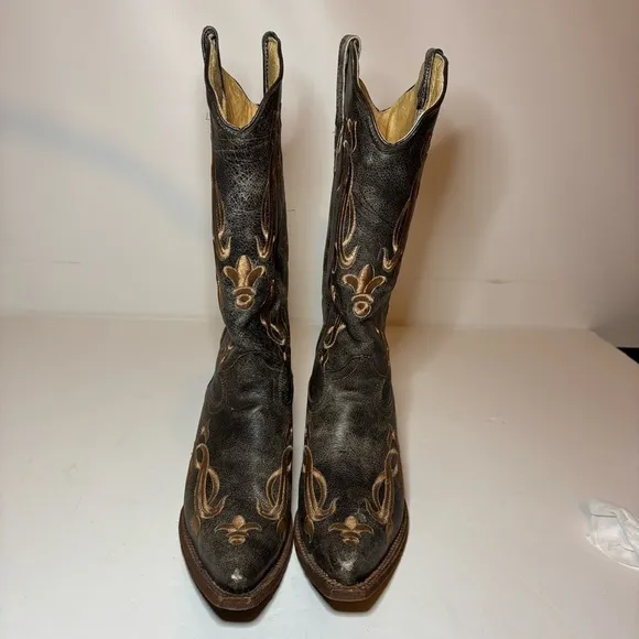Tanner Mark Women’s Cowboy Boots Fleur-De-Lis Embroidered Crackle Sz 8 Made USA