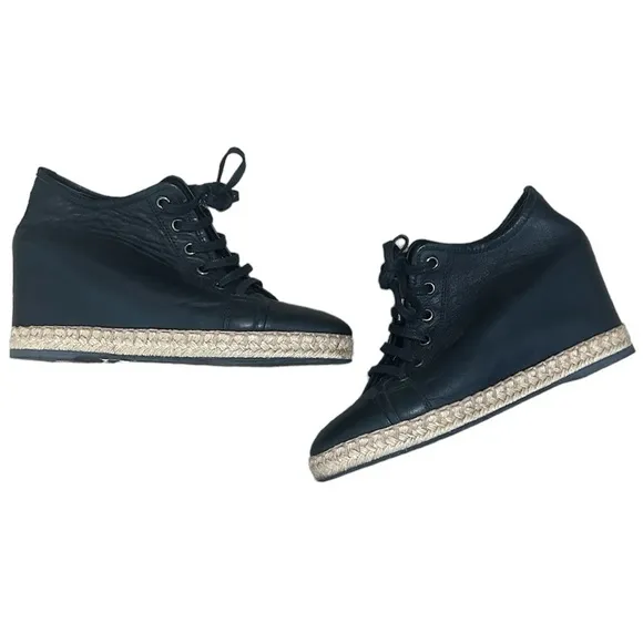 Theory Women’s Black Leather Jute Wedge Lace-Up Boots Size Women’s 37 (Size 7)