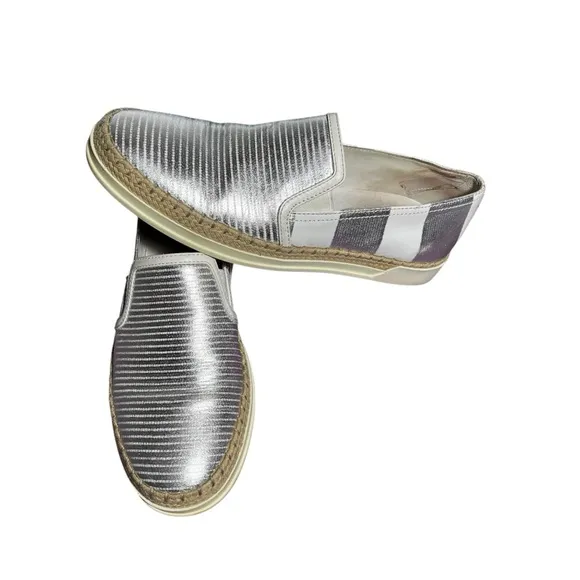 TOD's Women's Shoes Silver &amp; White Leather Espadrille Slip on Size 36.5