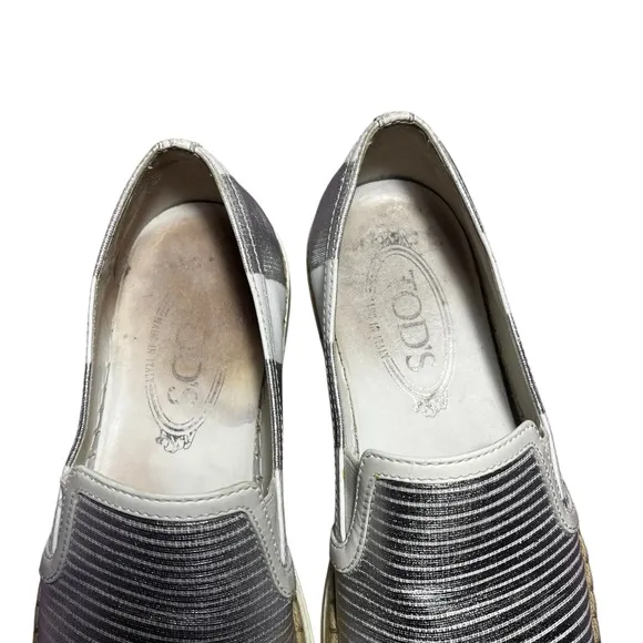 TOD's Women's Shoes Silver &amp; White Leather Espadrille Slip on Size 36.5