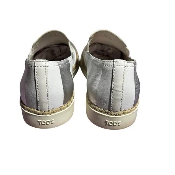 TOD's Women's Shoes Silver &amp; White Leather Espadrille Slip on Size 36.5