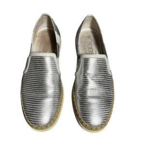 TOD's Women's Shoes Silver &amp; White Leather Espadrille Slip on Size 36.5
